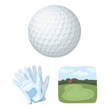 Golf ve öznitelikleri set koleksiyonu tasarım için simgeleri karikatür. Golf Kulübü ve ekipman sembol stok web illüstrasyon vektör.