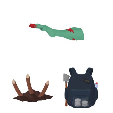 Zombiler ve öznitelikleri set koleksiyonu tasarım için simgeleri karikatür. Ölü adam vektör simge stok web çizim.