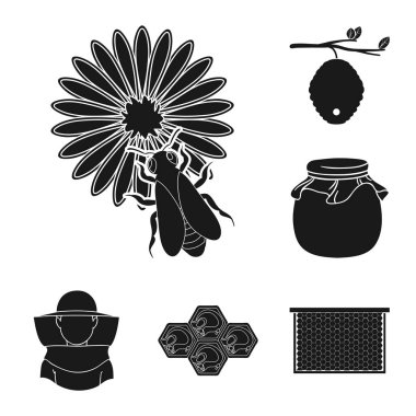 Arı kovanı ve arıcılık set koleksiyonu tasarım için simgeler siyah. Ekipman ve bal üretim sembol stok web illüstrasyon vektör.