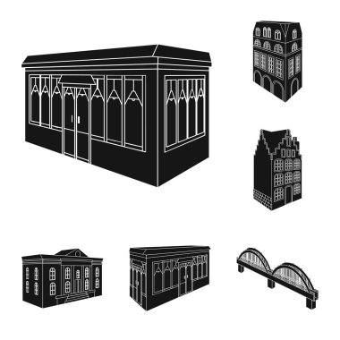 Bina ve set koleksiyonu tasarım için mimari siyah simgeler. Bina ve konut vektör izometrik sembol stok web çizim.