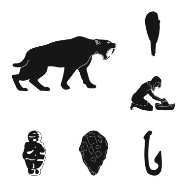 Set koleksiyonu tasarım için Taş Devri siyah simgeler hayatta. Eski insanlar sembol stok web illüstrasyon vektör.