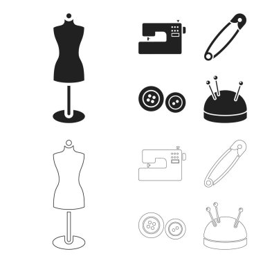 Elektrikli dikiş makinesi, stand, PIN, düğmeleri kukla. Atelier toplama simgeler siyah, anahat stili vektör simge stok çizim web içinde ayarla..