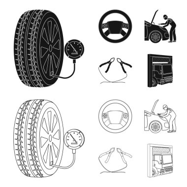 Motor ayarı, direksiyon simidi, kelepçe ve tekerlek siyah, set koleksiyonu tasarım için anahat simgeleri. Araba bakım istasyonu vektör simge stok çizim web.