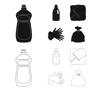 Çamaşır Temizleme, cam için bir fırça, çöp ve atık için siyah bir çanta için pembe şişe, sarı eldiven için jel. Temizlik küme koleksiyon simgeler siyah, anahat stili vektör hisse senedi illüstrasyon simge