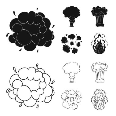 Alevi, kıvılcım, hidrojen parçaları, atom veya gaz patlaması. Patlamalar toplama simgeler siyah, anahat stili vektör simge stok çizim web içinde ayarla..