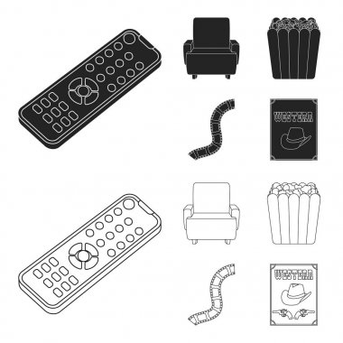 Kontrol paneli, bir koltuk için görüş, patlamış mısır. Filmler ve film toplama simgeler siyah, anahat stili vektör simge stok çizim web ayarla.