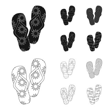 Parmak arası terlik siyah, set koleksiyonu tasarım için anahat simgeleri. Beach ayakkabı sembol stok web illüstrasyon vektör.