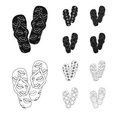 Parmak arası terlik siyah, set koleksiyonu tasarım için anahat simgeleri. Beach ayakkabı sembol stok web illüstrasyon vektör.