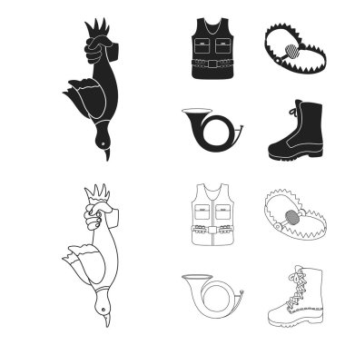 Elini, keskin bir zeka, bir av yeleği himayesi ile bir boynuz bir kupa... Avcılık toplama simgeler siyah, anahat stili vektör simge stok çizim web içinde ayarla..