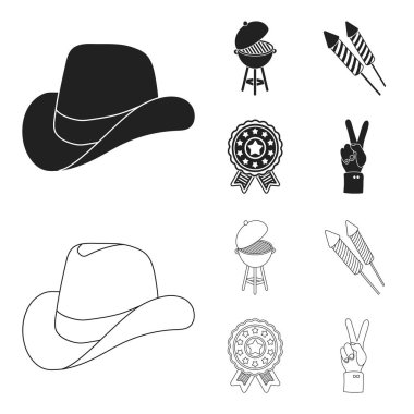 Barbekü, Selam, ebblema, zafer oylama. Vatanseverler günü toplama simgeler siyah, anahat stili vektör simge stok çizim web içinde ayarlayın..