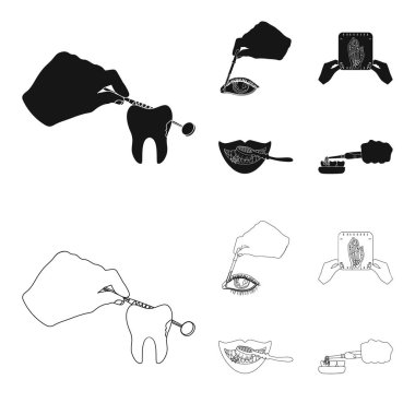 Siyah, anahat stili muayene diş, göz ve diğer web simgesi korumak. Bir anlık görüntüsünü el, küme koleksiyon simgeleri temizleme diş.
