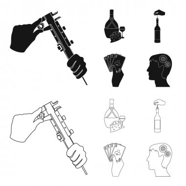 Şişe, bir kadeh şarap ve peynir bir tirbuşon ve diğer web simge siyah, tıkanma, stil anahat. Kartların kombinasyonu elinde, bir kişi baş ve bir fikir jeneratör simgeler koleksiyonu ayarla.
