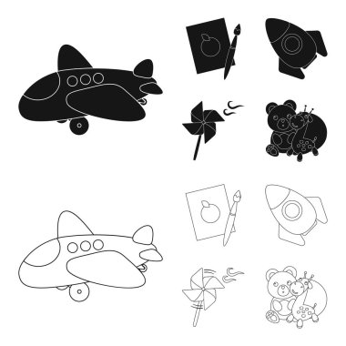 Çocuk siyah, set koleksiyonu tasarım için anahat simgelerini oyuncak. Oyun ve önemsiz şey sembol stok web illüstrasyon vektör.