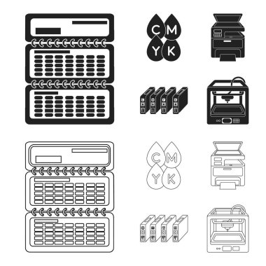 Takvim, boya, kartuş, çok işlevli yazıcı damla. Tipografi toplama simgeler siyah, anahat stili vektör simge stok çizim web içinde ayarla..