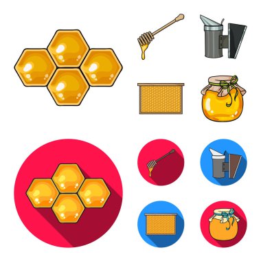 Bir çerçeve peteğin, bir kepçe bal, arıların gelen bir fumigator, bir kavanoz bal ile. Arı kovanı toplama simgeler çizgi film, düz stil vektör simge stok çizim web ayarla..