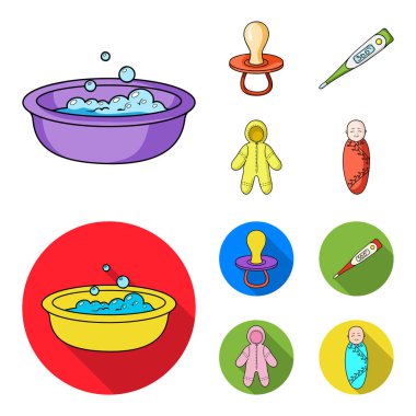 Emzik, elektronik termometre, Çocuk tulumları, çocuk bezi. Bebek set simgeler çizgi film, düz stil vektör simge stok çizim web tarihi..