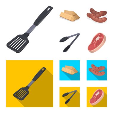 Bıçak mutfak, yakacak odun, sosis ve diğer Barbekü için. Barbekü toplama simgeler çizgi film, düz stil vektör simge stok çizim web ayarla..