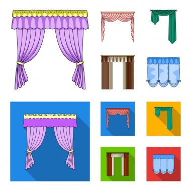 Pencere perdeleri farklı türleri. Perdeleri toplama simgeler çizgi film, düz stil vektör simge stok çizim web ayarla..