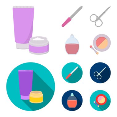 Tırnak törpüsü, makaslar, çivi, parfüm, pudra fırçası ile için. Makyaj çizgi film, düz stil vektör simge stok çizim web simgeler ayarla.