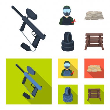 Paintball marker, oyuncu ve diğer aksesuarları. Paintball tek simge karikatür, düz stil vektör simge stok çizim web.