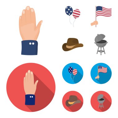 Balonlar, ulusal bayrak, kovboy şapkası, el palm. Vatansever gün çizgi film, düz stil vektör simge stok çizim web simgeler ayarla.