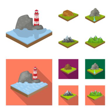 Dağlar, kayalar ve peyzaj. Yardım ve dağlar çizgi film, düz stil izometrik vektör simge stok çizim web simgeler ayarla.