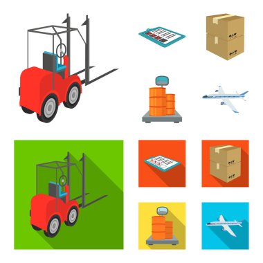Forklift, Teslimat makbuzları, paketlenmiş ürünler, Terazi tartı üzerinde kargo. Lojistik ve teslim çizgi film, düz stil izometrik vektör simge stok çizim web simgeler ayarla.