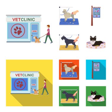 Bir veteriner Kliniği, şık bir salon a evde beslenen hayvan köpek bir saç kesimi için bir tabela ziyaret. Köpek bakım veteriner Kliniği ve evde beslenen hayvan, çizgi film, düz stil vektör simge stok çizim web simgeler ayarla.