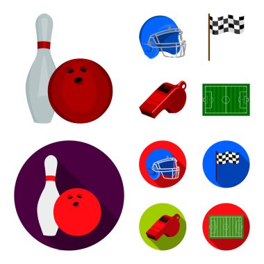 Kase ve Bovling, oynadığı beyzbol, onay kutusu, hakem, koruyucu kask için bowling pin Koç veya hakem için ıslık. Stil vektör simge stok spor küme toplama simgeler karikatür, düz, düz