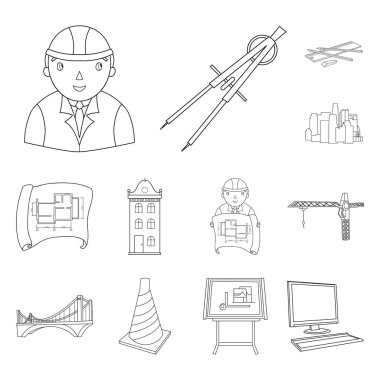 Mimarlık ve inşaat set koleksiyonu tasarım için simgeleri anahat. Mimar ve ekipman sembol stok web illüstrasyon vektör.