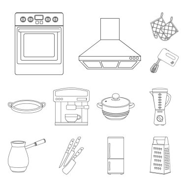 Mutfak ekipmanları anahat simgeleri set koleksiyonu tasarım için. Sembol stok web illüstrasyon vektör mutfak ve aksesuarları.