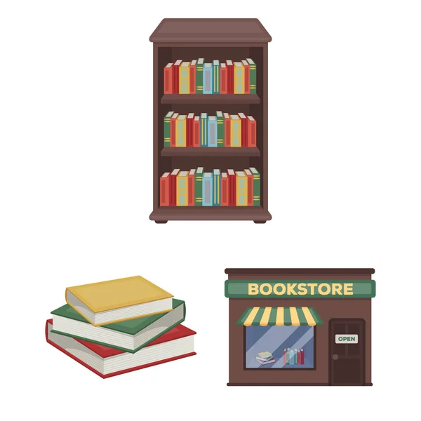 Library and bookstore cartoon icons in set collection for design. Books and furnishings vector symbol stock web illustration. — Stock Vector