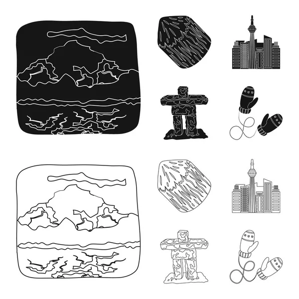 Tavak, hegyek, a torony Si-En és más szimbólumok a Canada.Canada készlet gyűjtemény ikonok-ban fekete, vázlat stílusú vektor stock illusztráció web szimbólum. — Stock Vector