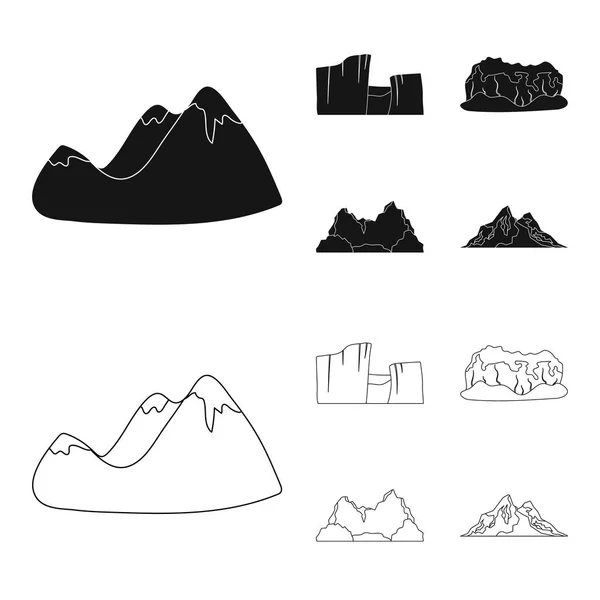 Groene bergen met sneeuw tops, een canyon, rotsen met bossen, een lagune en rotsen. Verschillende bergen instellen collectie iconen in zwart, overzicht stijl vector symbool stock illustratie web. — Stockvector