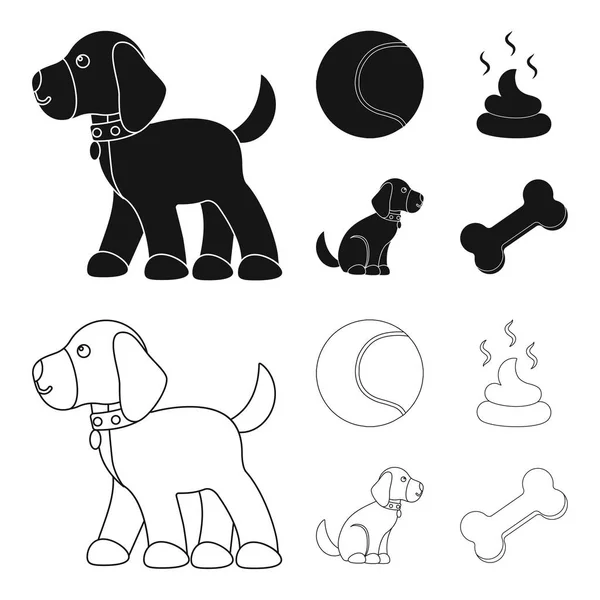 Hund sitzend, Hund stehend, Tennisball, Kot. Hund set collection icons in schwarz, umriss stil vektor symbol stock illustration web. — Stockvektor