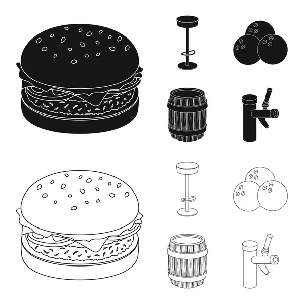 Restaurace, kavárna, židle, bowlingovou kouli. Hospoda nastavení kolekce ikon v černé, osnovy styl vektor symbol akcií ilustrace web. — Stockový vektor