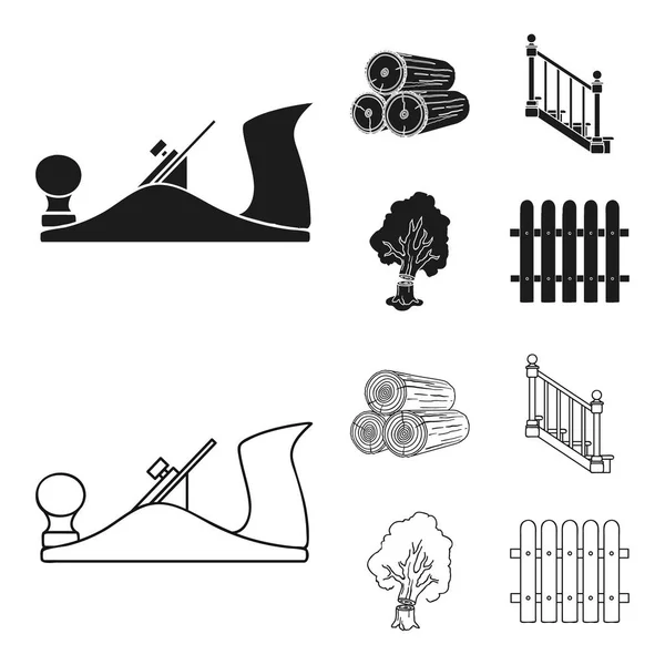 Logboeken in een stapel, het vliegtuig, de boom, de ladder met leuningen. Zagerij en hout instellen collectie iconen in zwart, overzicht stijl vector symbool stock illustratie web. — Stockvector