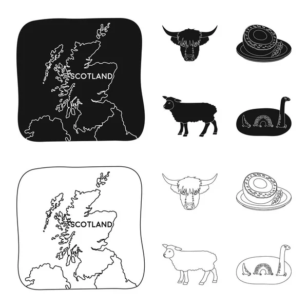 A Térkép, a bika fej, a tehén, a tojás a területén. Skócia ország készlet gyűjtemény ikonok-ban fekete, vázlat stílusú vektor stock illusztráció web szimbólum. — Stock Vector
