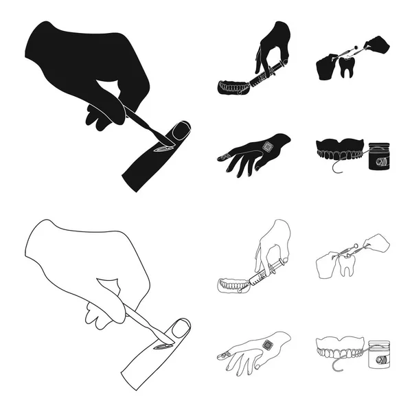 Verdoving injectie, tandheelkundige instrument, hand manipulatie, tand schoonmaken en andere web-pictogram in het zwart, overzicht style.bactericidal plaaster, geneeskunde pictogrammen in vaste collectie. — Stockvector