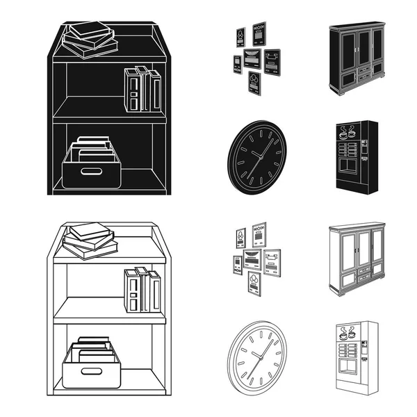 Gabinete, estanterías con libros y documentos, marcos en la pared, relojes redondos. Iconos de colección de interiores de oficina en negro, contorno estilo isométrico vector símbolo stock ilustración web . — Vector de stock