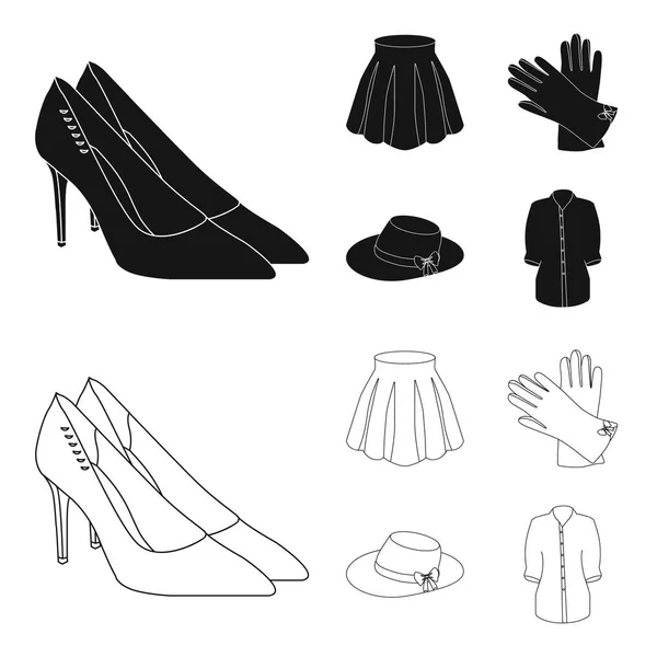 Falda con pliegues, guantes de cuero, sombrero de mujer con lazo, camisa en el cierre. Mujeres ropa conjunto colección iconos en negro, contorno estilo vector símbolo stock ilustración web . — Archivo Imágenes Vectoriales