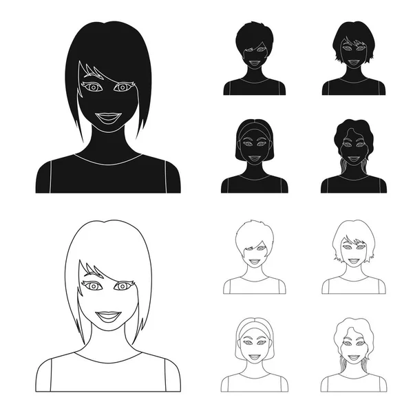 Tipos de penteados femininos preto, ícones de contorno na coleção de conjuntos para design. Aparência de uma mulher vetor símbolo web ilustração . —  Vetores de Stock