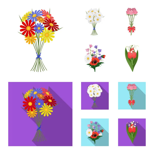 Un ramo de flores frescas de dibujos animados, iconos planos en la colección de conjuntos para el diseño. Varios ramos vector símbolo stock web ilustración . — Archivo Imágenes Vectoriales