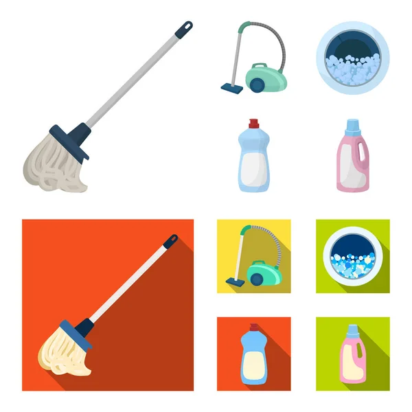 En mopp med ett handtag för att tvätta golv, en grön dammsugare, ett fönster i tvättmaskin med vatten och skum, en flaska med rengöringsmedel. Rengöring som samling ikoner i tecknad, platt stil — Stock vektor