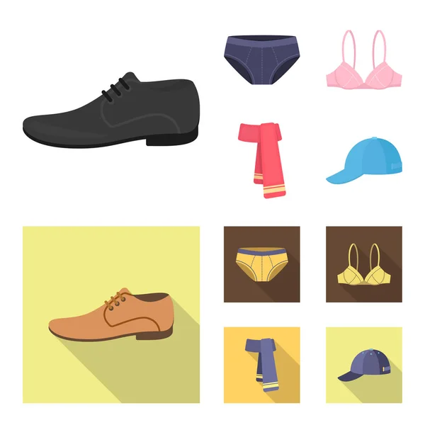 Zapatos masculinos, sujetador, bragas, bufanda, cuero. Conjunto de ropa colección iconos en dibujos animados, vector de estilo plano símbolo stock ilustración web . — Vector de stock