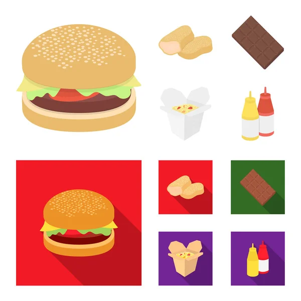 Schokolade, Nudeln, Nuggets, Sauce.Fast Food Set Sammlung Symbole in Cartoon, flachen Stil Vektor Symbol Stock Illustration Web. — Stockvektor