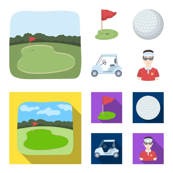 A mezőt egy lyuk, és a zászló, golf labda, egy golfjátékos, elektromos golfkocsi. Golf club szett gyűjtemény ikonok, rajzfilm, lapos stílusú vektor szimbólum stock illusztráció web. — Stock Vector