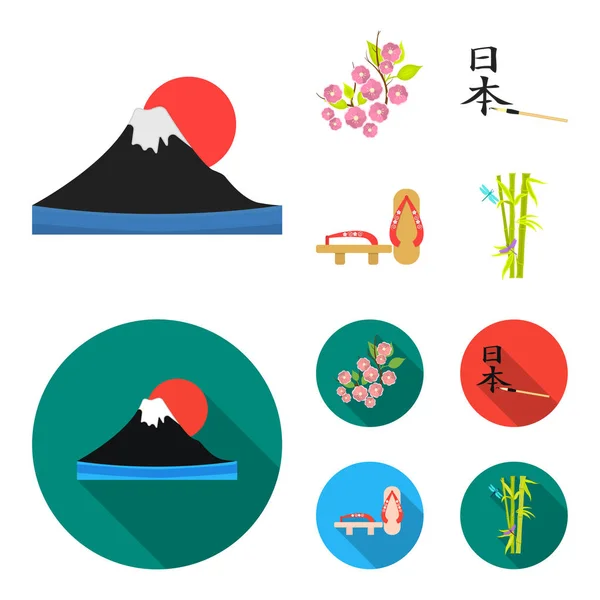 Geta, sakura flowers, bamboo, hieroglyph.Japan set collection icons in cartoon,flat style vector symbol stock illustration web.