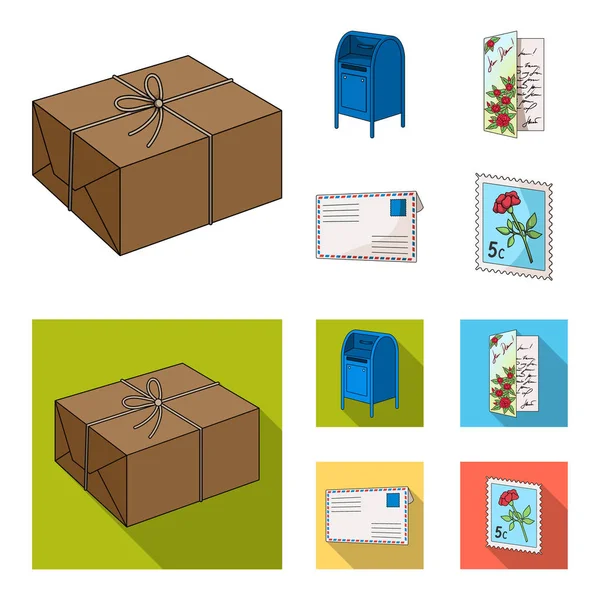 Buzón, tarjeta de felicitación, sello postal, sobre. Iconos de colección de conjunto de correo y cartero en dibujos animados, vector de estilo plano símbolo stock ilustración web . — Vector de stock