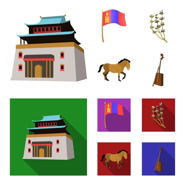 Nationale vlag, paard, muziekinstrument, steppe plant. Mongolië instellen collectie iconen in de tekenfilm, vlakke stijl vector symbool stock illustratie web. — Stockvector